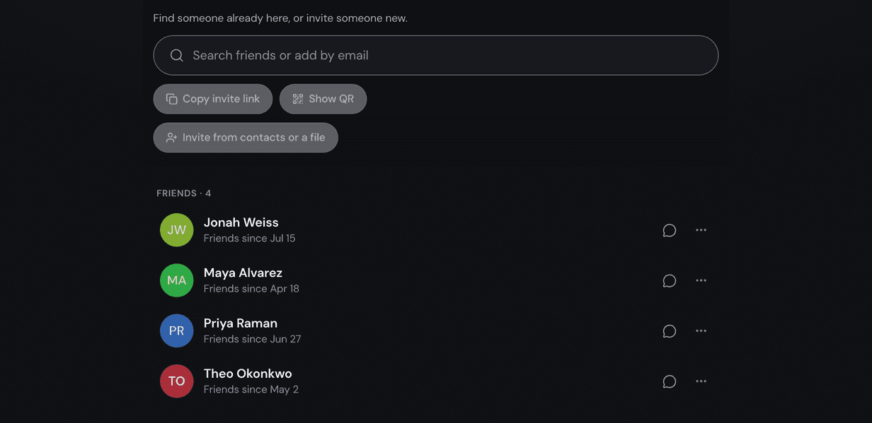 The top of the Friends page. A box says "Search friends or add by email", and right under it are three round buttons: Copy invite link, Show QR, and Invite from contacts or a file. Below that, four friends are listed from A to Z — Jonah Weiss, Maya Alvarez, Priya Raman and Theo Okonkwo. Each one shows when you became friends, a round message button, and a button with three dots.
