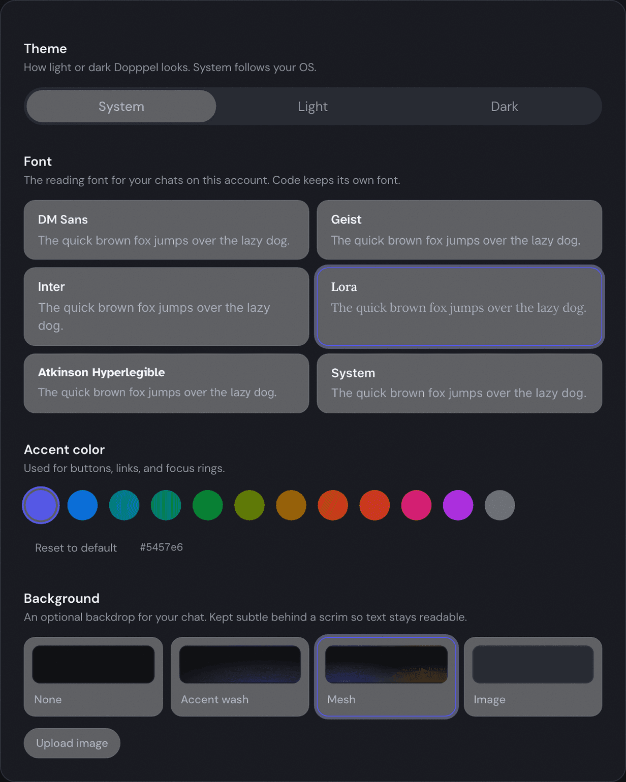 The Appearance page in Settings, showing a Theme switch with System, Light and Dark, six fonts each with a sample line, a row of twelve round color circles, and four background tiles named None, Accent wash, Mesh and Image.