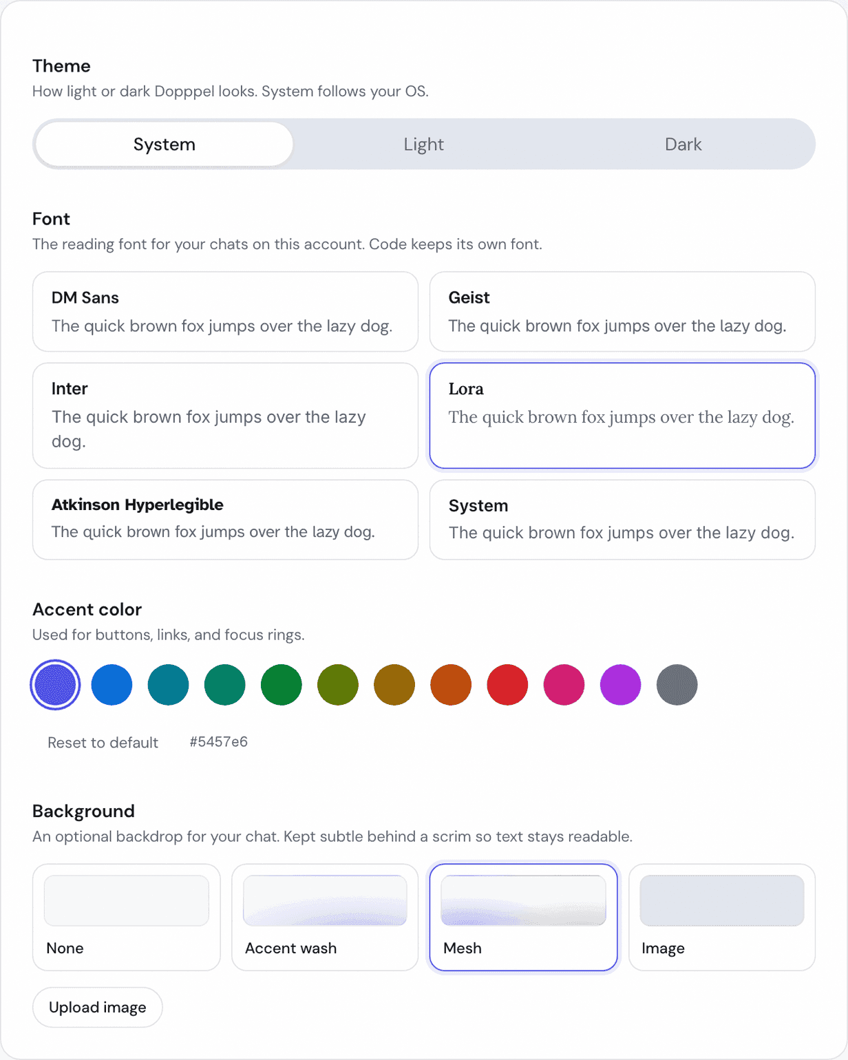 The Appearance page in Settings, showing a Theme switch with System, Light and Dark, six fonts each with a sample line, a row of twelve round color circles, and four background tiles named None, Accent wash, Mesh and Image.