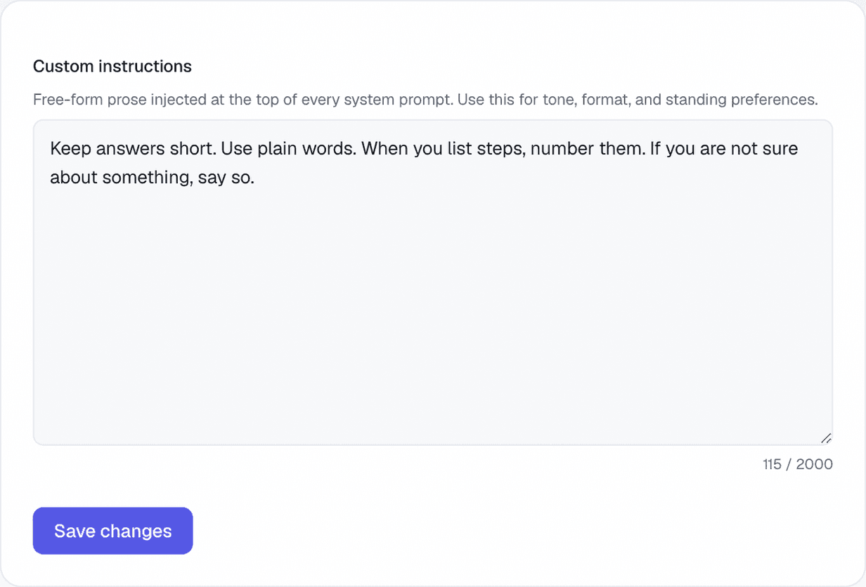 The Custom instructions page in Settings, with a wide text box holding a few plain sentences about keeping answers short and numbering steps, and a 115 of 2000 letter count under it.