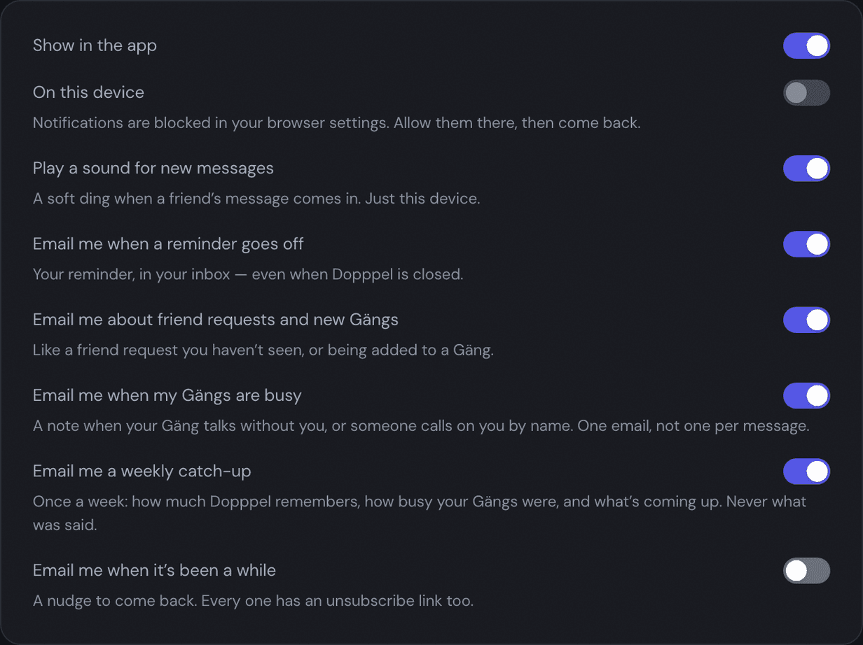 The Notifications page in Settings, a list of labelled switches for showing alerts in the app, alerts on this device, a sound for new messages, reminder email, friend request and Gäng email, busy Gäng email, a weekly catch-up, and a come-back nudge.