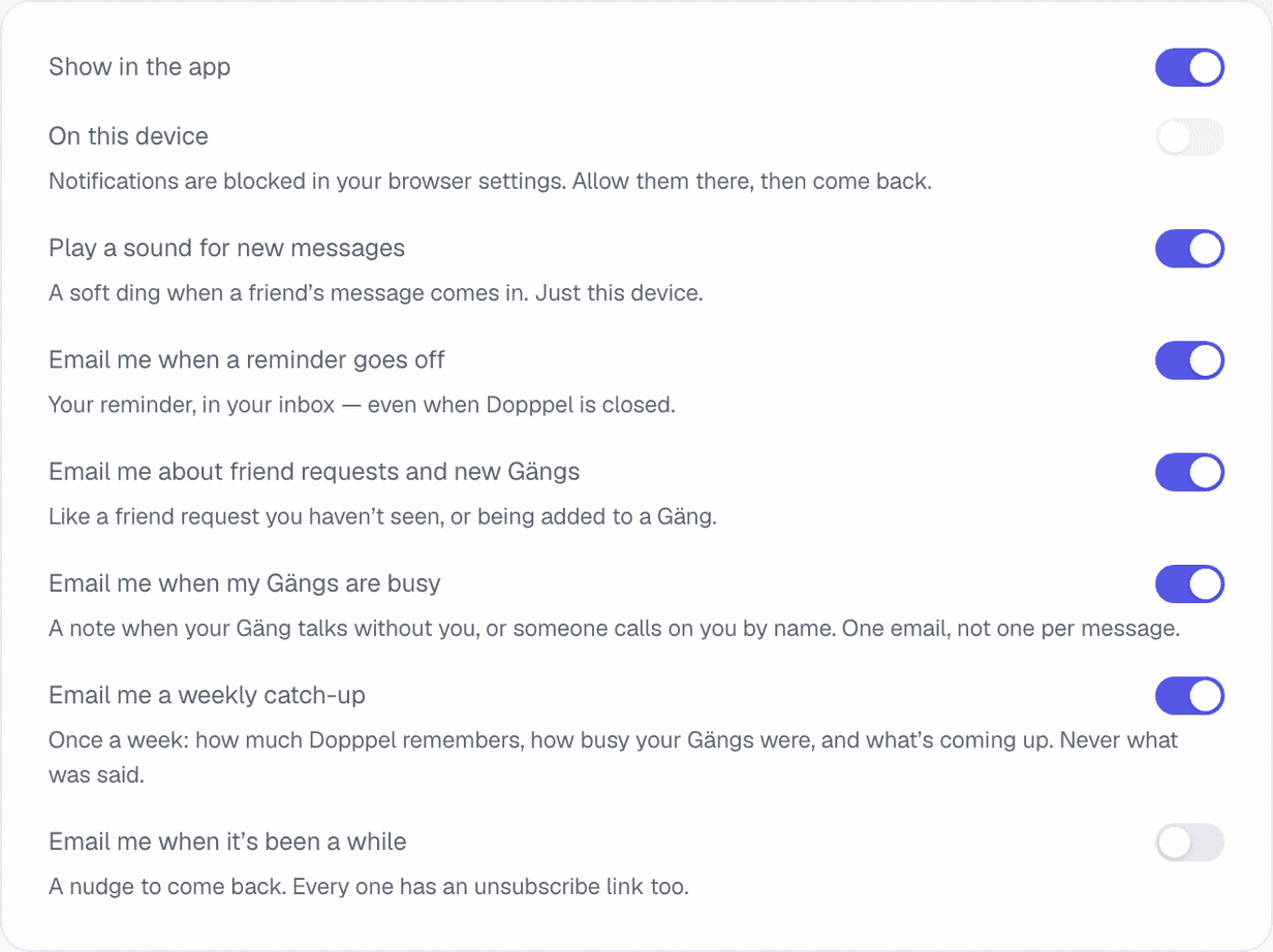 The Notifications page in Settings, a list of labelled switches for showing alerts in the app, alerts on this device, a sound for new messages, reminder email, friend request and Gäng email, busy Gäng email, a weekly catch-up, and a come-back nudge.