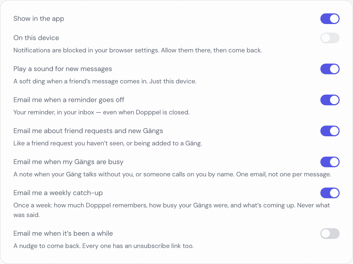 The Notifications page in Settings, a list of labelled switches for showing alerts in the app, alerts on this device, a sound for new messages, reminder email, friend request and Gäng email, busy Gäng email, a weekly catch-up, and a come-back nudge.