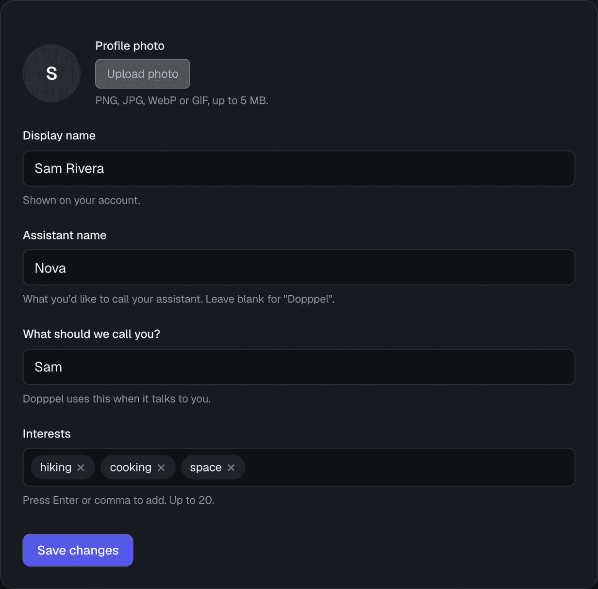 The Personalization page in Settings, with a profile photo button and boxes for a display name, an assistant name called Nova, the name to call you, and three interest tags: hiking, cooking and space.