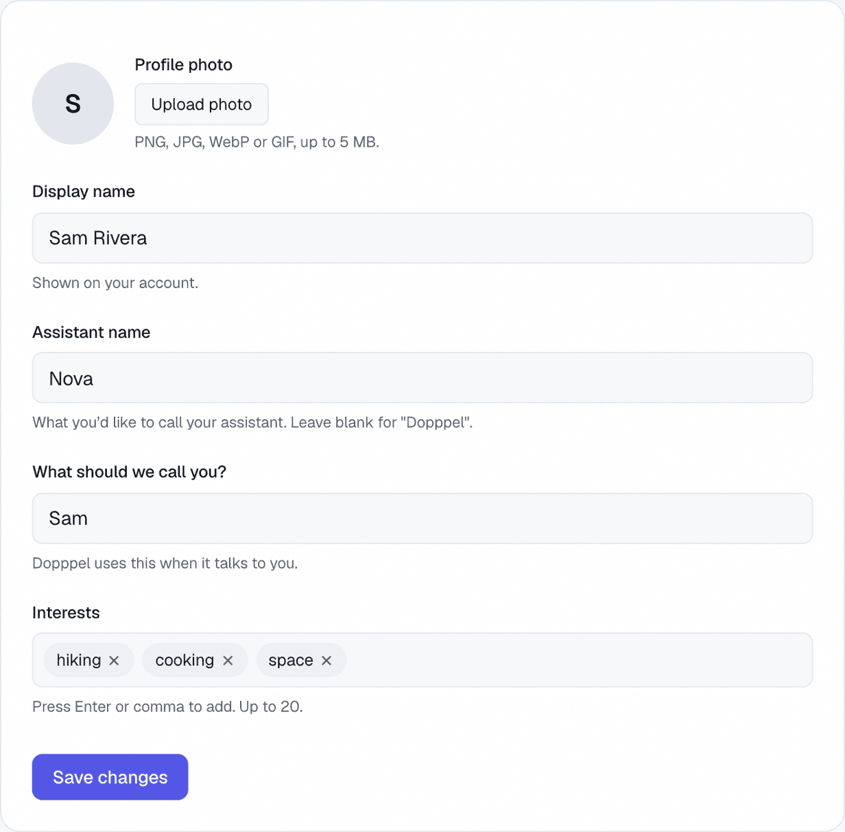 The Personalization page in Settings, with a profile photo button and boxes for a display name, an assistant name called Nova, the name to call you, and three interest tags: hiking, cooking and space.