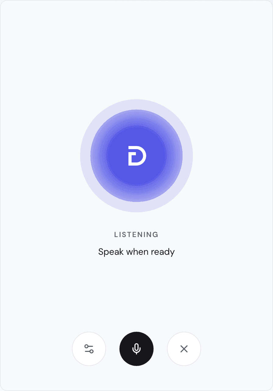 The voice screen, with a big round orb in the accent color and the Dopppel D in the middle, the word LISTENING under it, the line "Speak when ready", and three round buttons at the bottom: settings, a microphone, and an X to hang up.