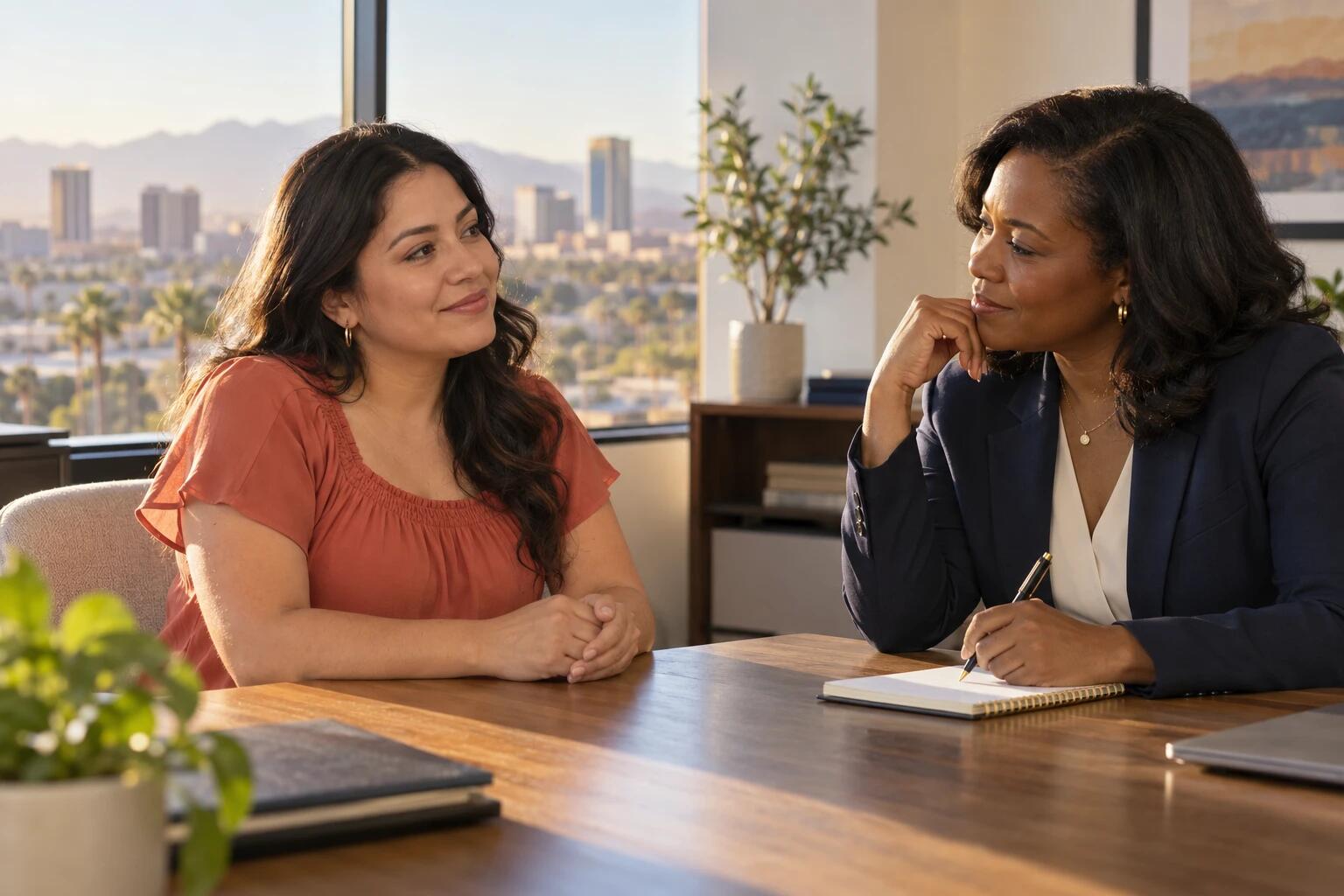 A client and her attorney talking across a desk in a bright office, the city behind them