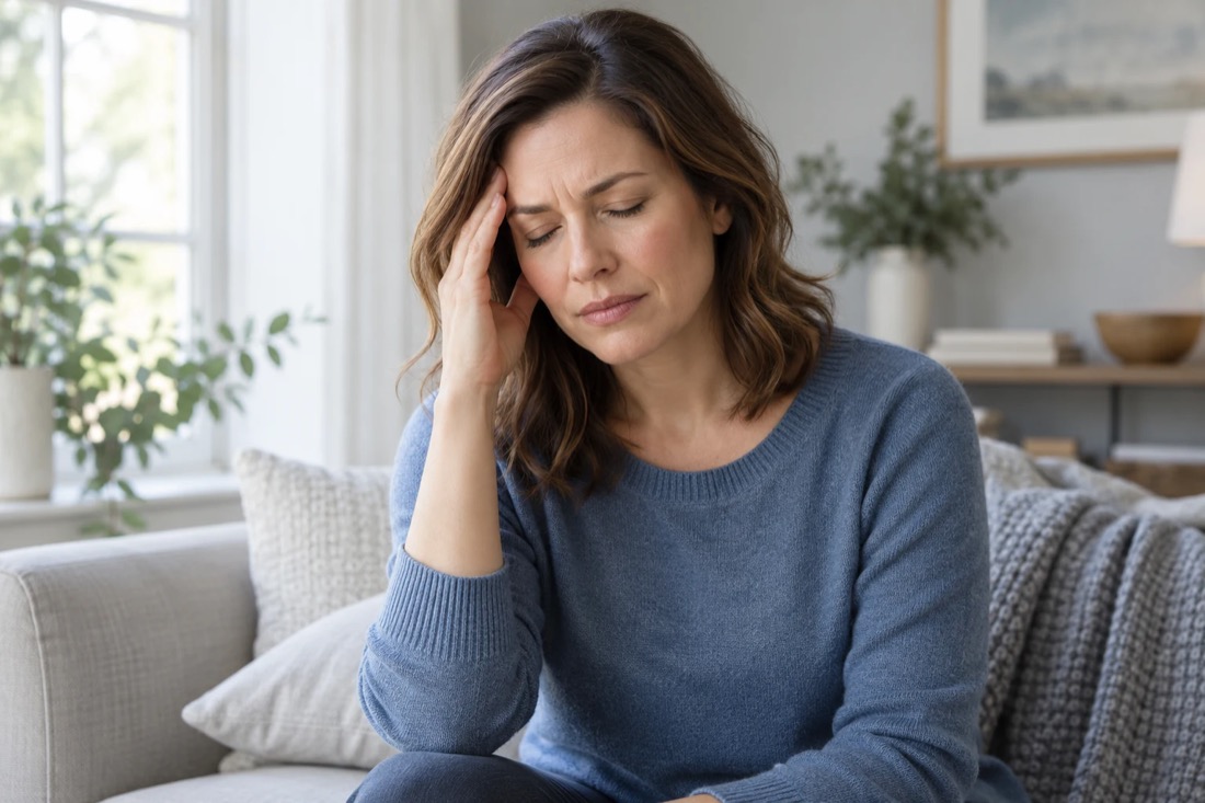 Illustrative image of a person resting a hand against her temple with a headache