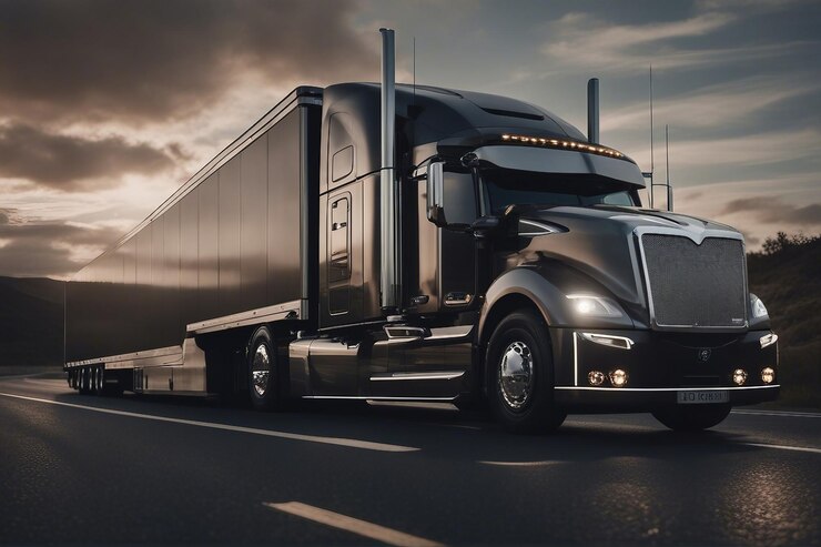 A dark semi-truck driving on an empty highway at dusk